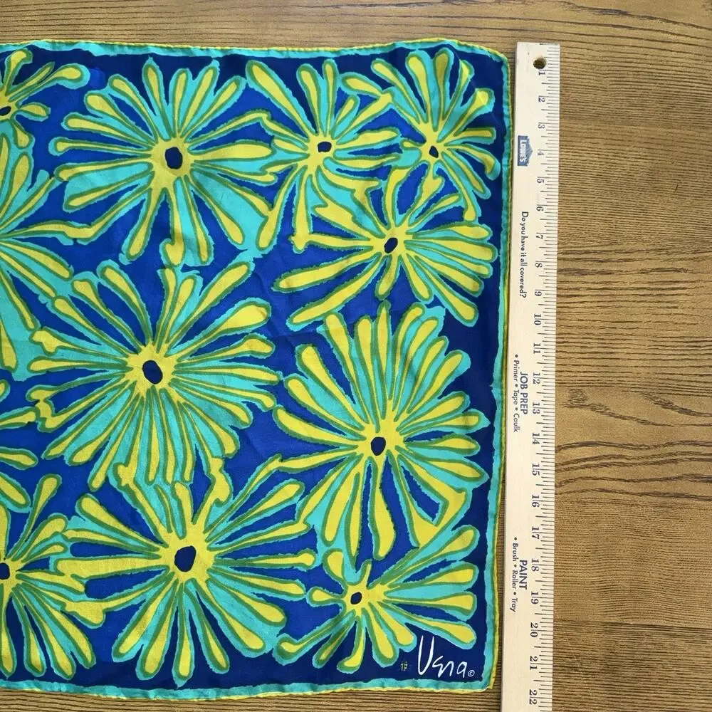 Vintage Silk Vera Neumann Scarf 22x23 Blue Aqua Yellow Floral Mod Signed EUC